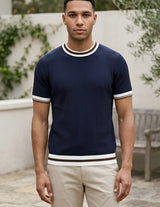 Full outfit - Navy blue men’s ribbed knit T-shirt with white and brown trim
