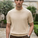 Full outfit - Sand beige men’s openwork knit short sleeve summer T-shirt