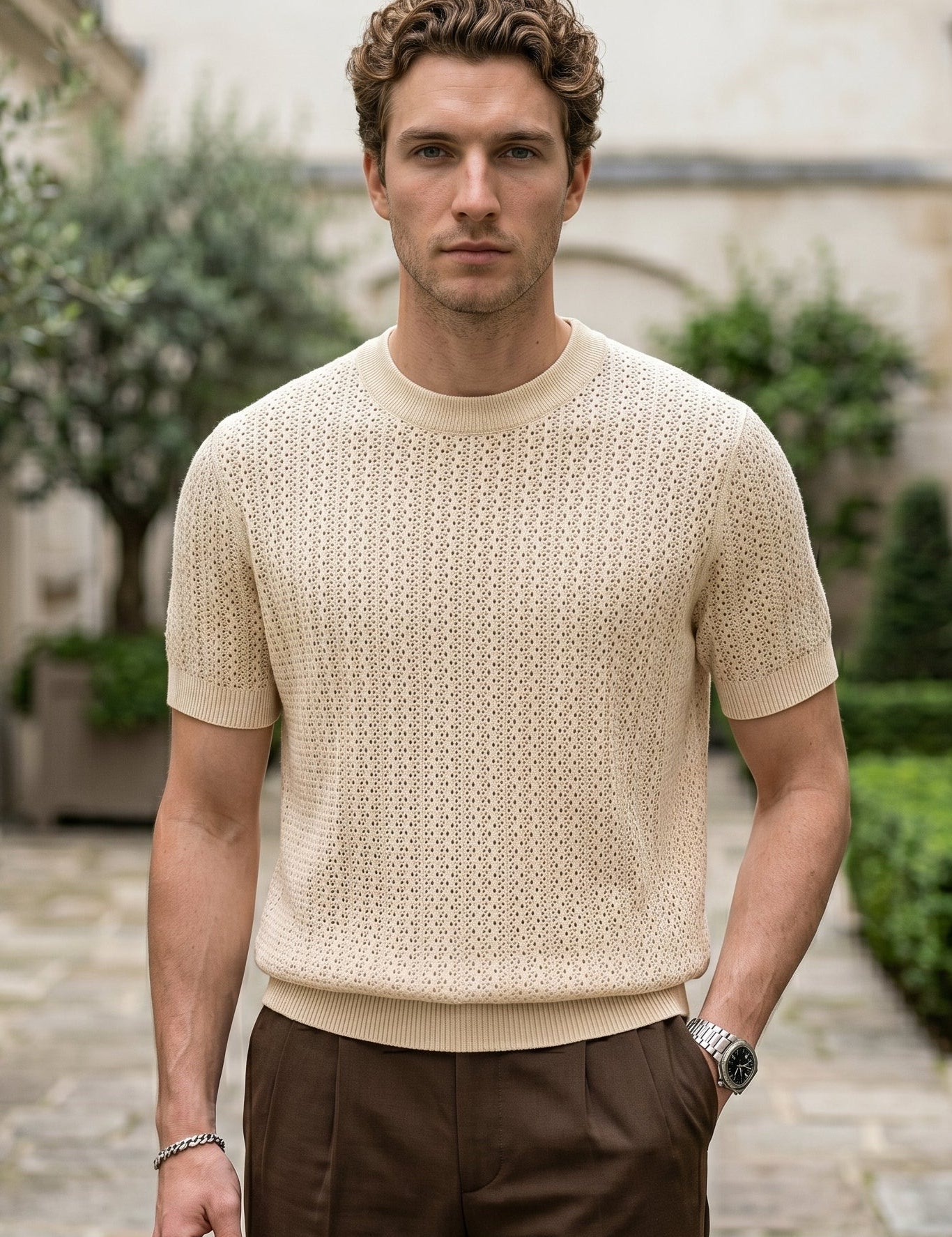 Full outfit - Sand beige men’s openwork knit short sleeve summer T-shirt
