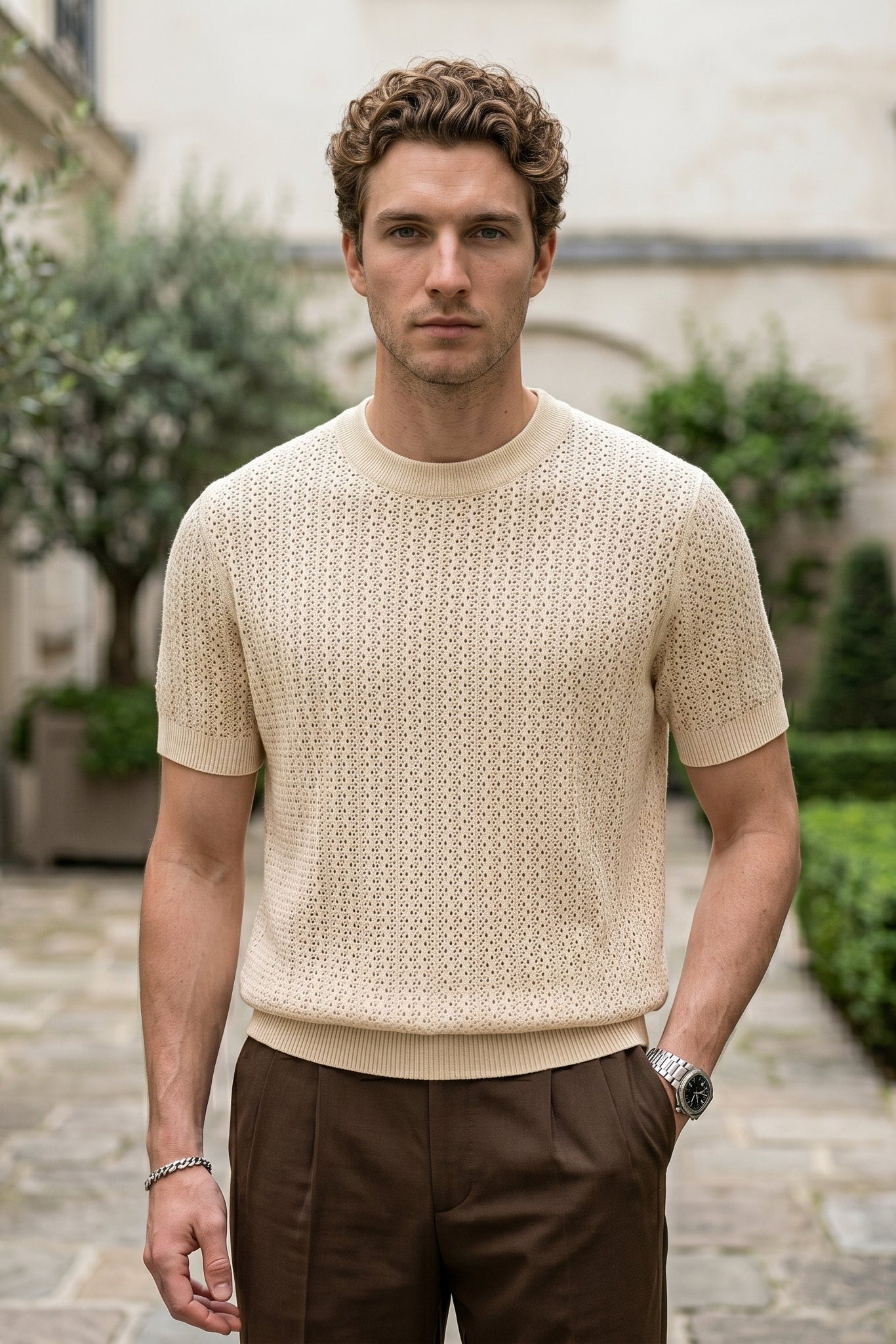 Full outfit - Sand beige men’s openwork knit short sleeve summer T-shirt