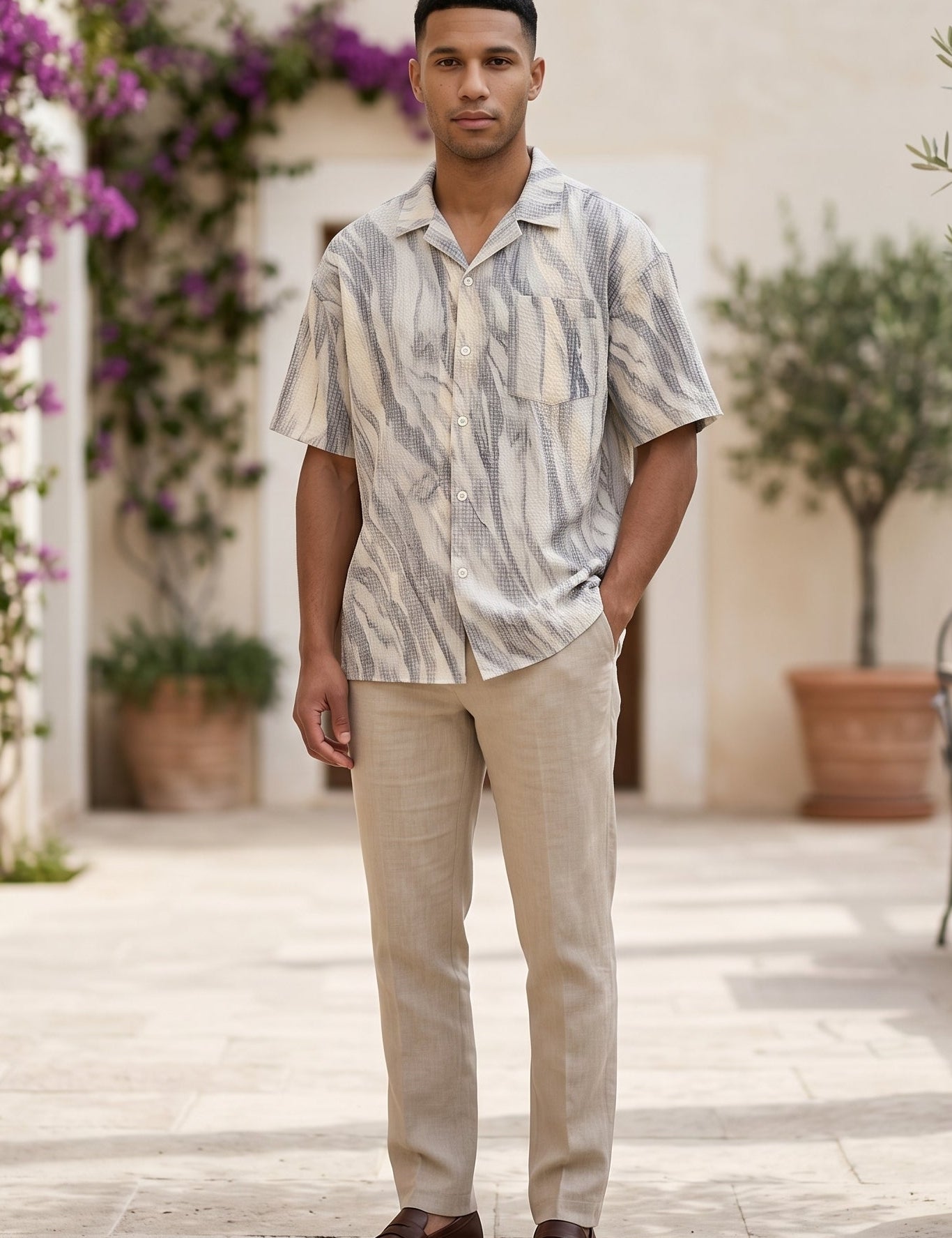 Full outfit - White grey abstract men’s textured short sleeve button-up shirt
