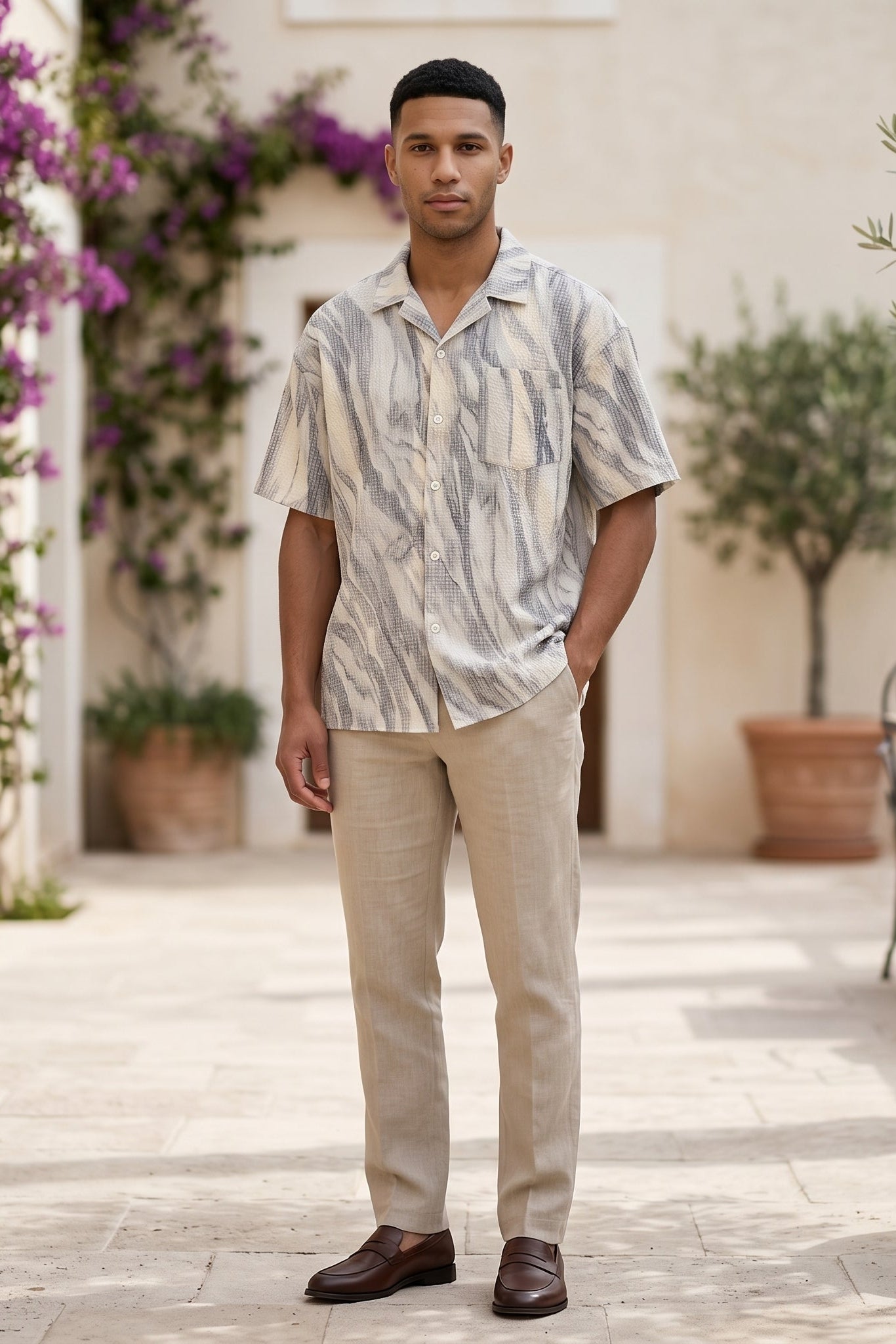 Full outfit - White grey abstract men’s textured short sleeve button-up shirt
