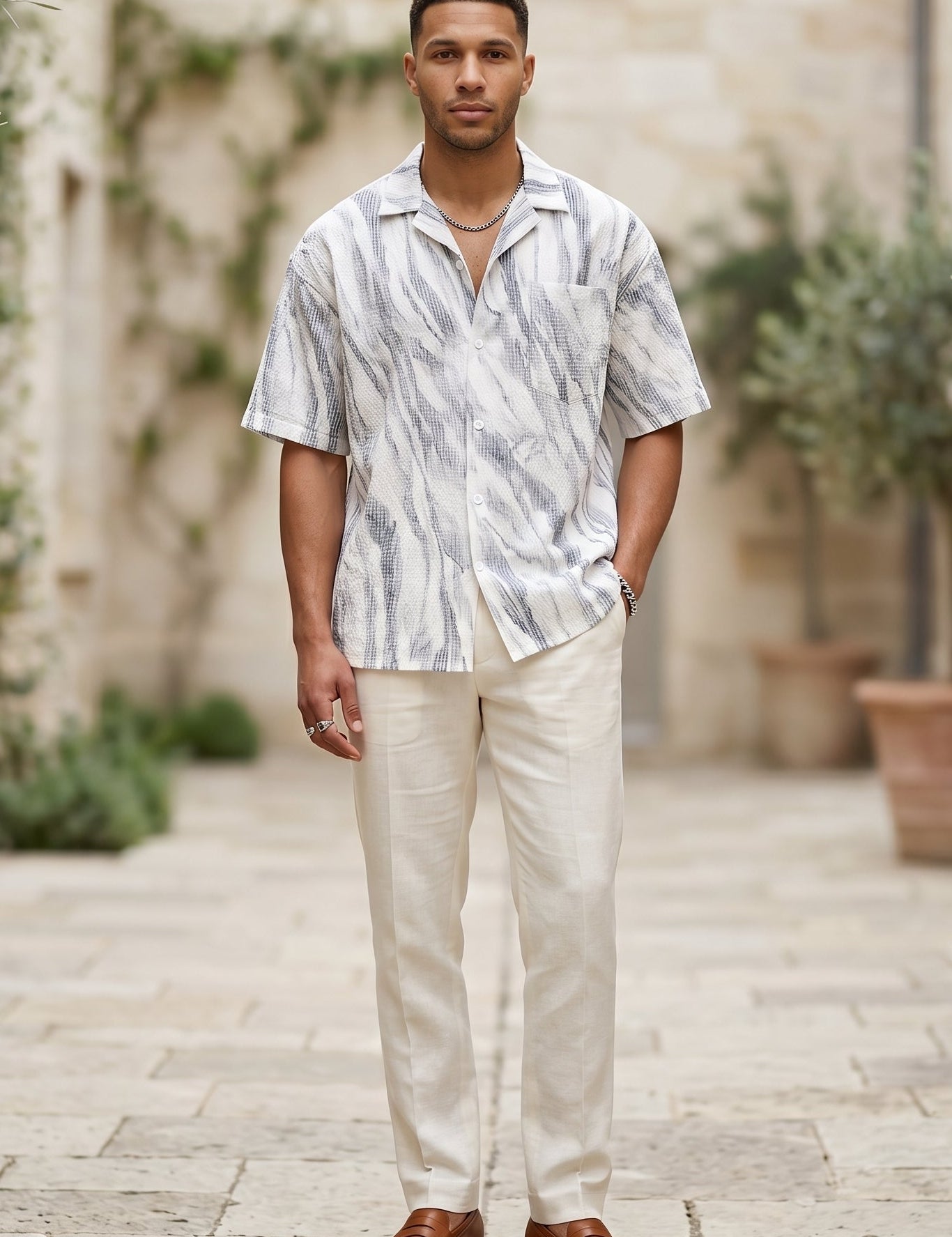 Full outfit - White grey marble men’s textured short sleeve button-up shirt