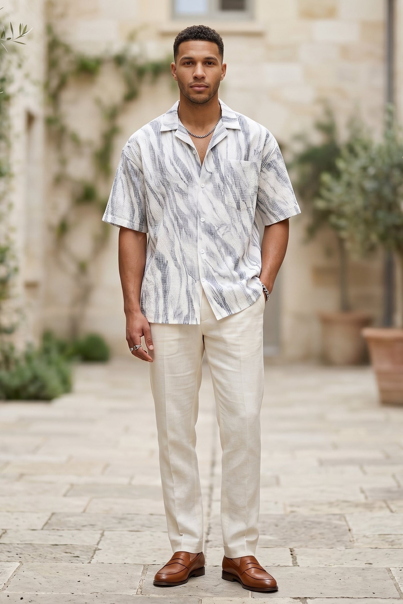 Full outfit - White grey marble men’s textured short sleeve button-up shirt