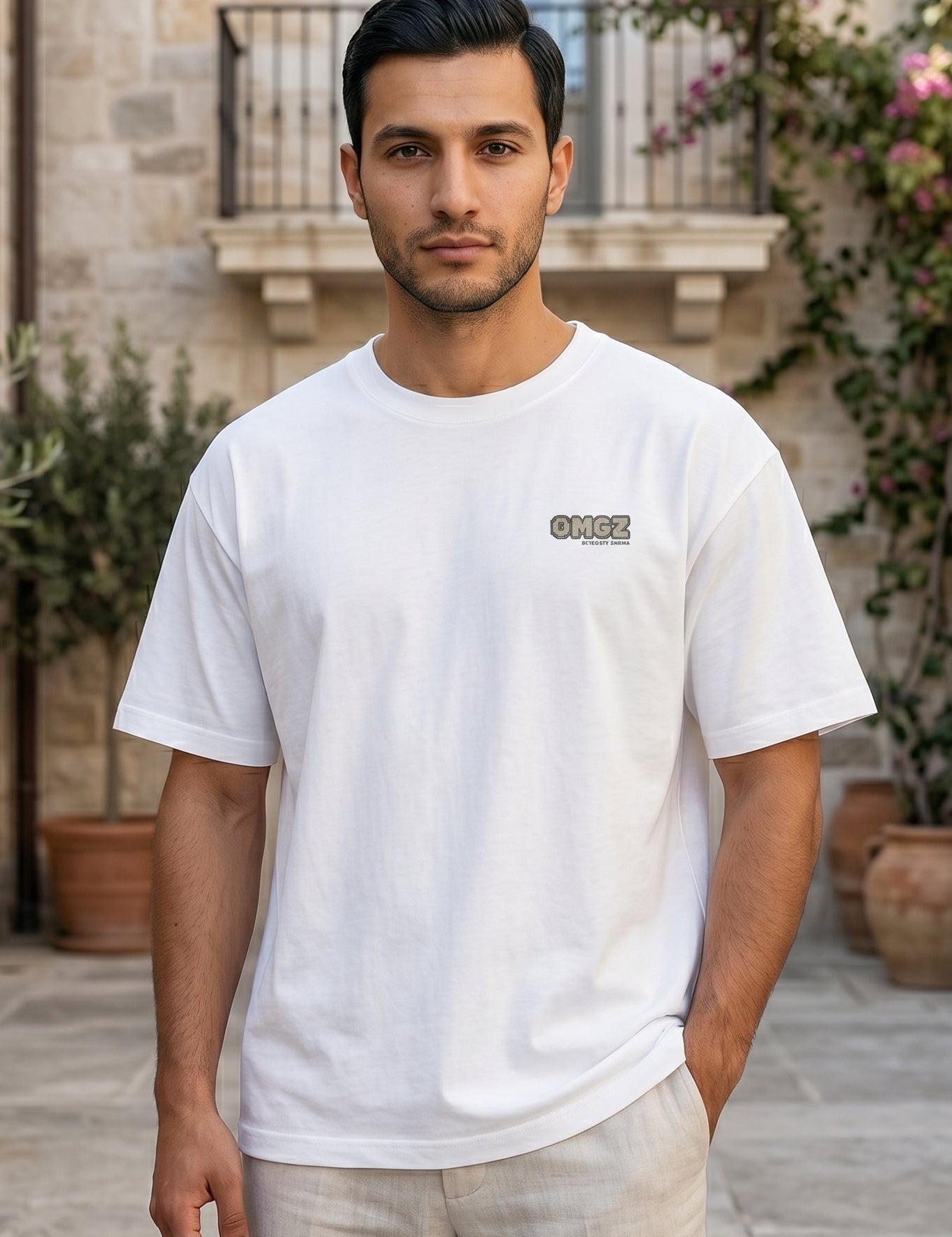 Full outfit - White men’s cotton-blend short sleeve T-shirt with chest graphic