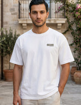 Full outfit - White men’s cotton-blend short sleeve T-shirt with chest graphic