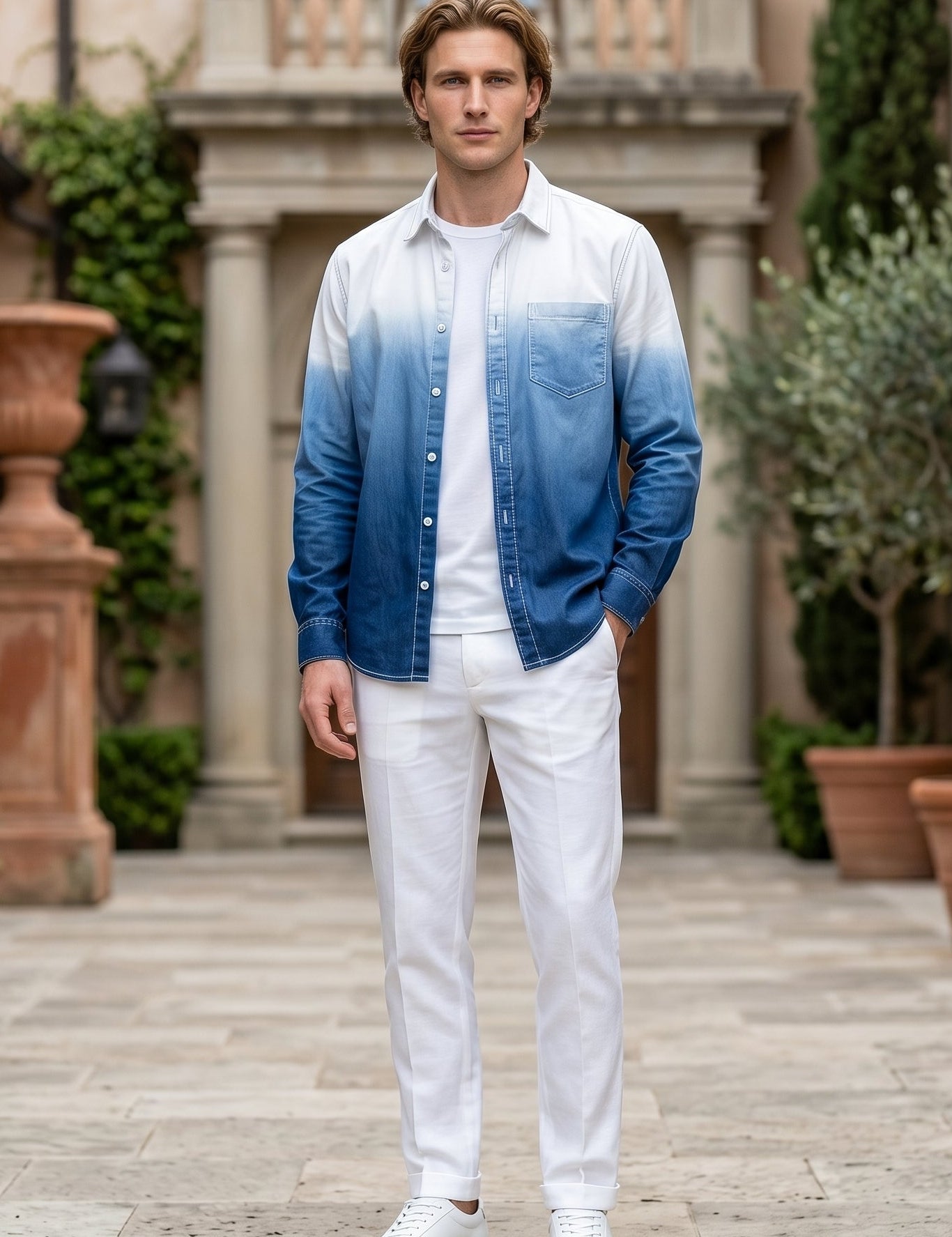 Full outfit White and blue gradient men’s cotton button-up shirt