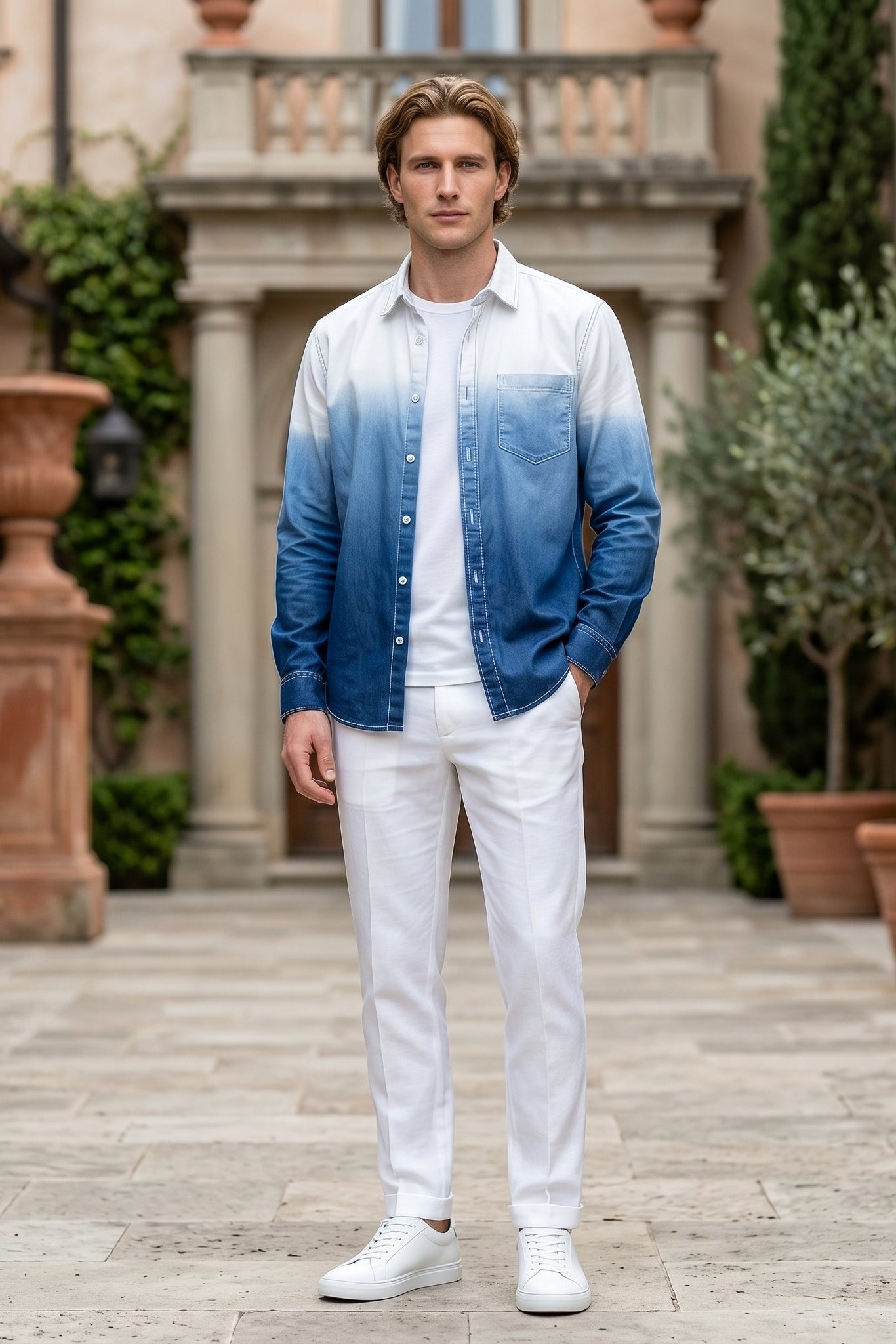 Full outfit White and blue gradient men’s cotton button-up shirt