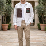 Full outfit - White men’s patchwork button-up shirt with brown striped panels