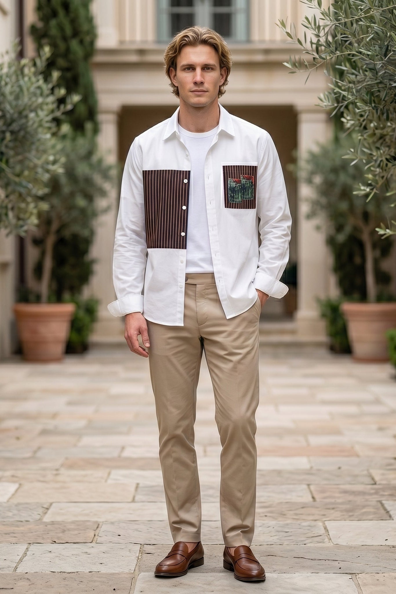 Full outfit - White men’s patchwork button-up shirt with brown striped panels
