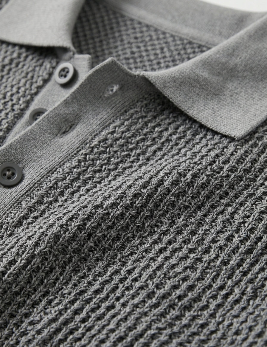 Graphite - Close-up of a textured gray sweater with a collar and buttons.