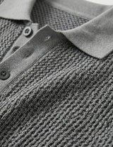 Graphite - Close-up of a textured gray sweater with a collar and buttons.