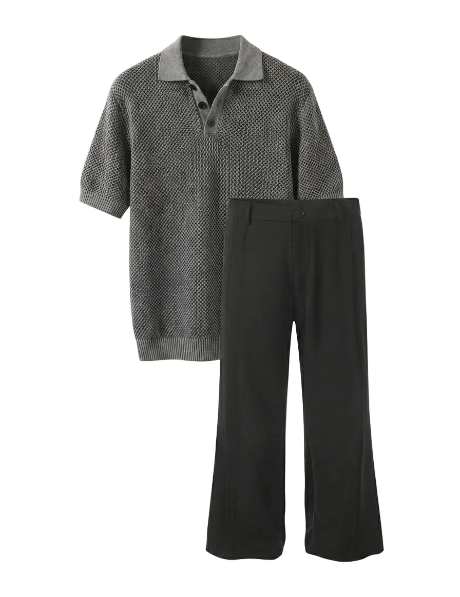 Graphite - Gray patterned shirt and black pants on a light gray background