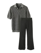 Graphite - Gray patterned shirt and black pants on a light gray background