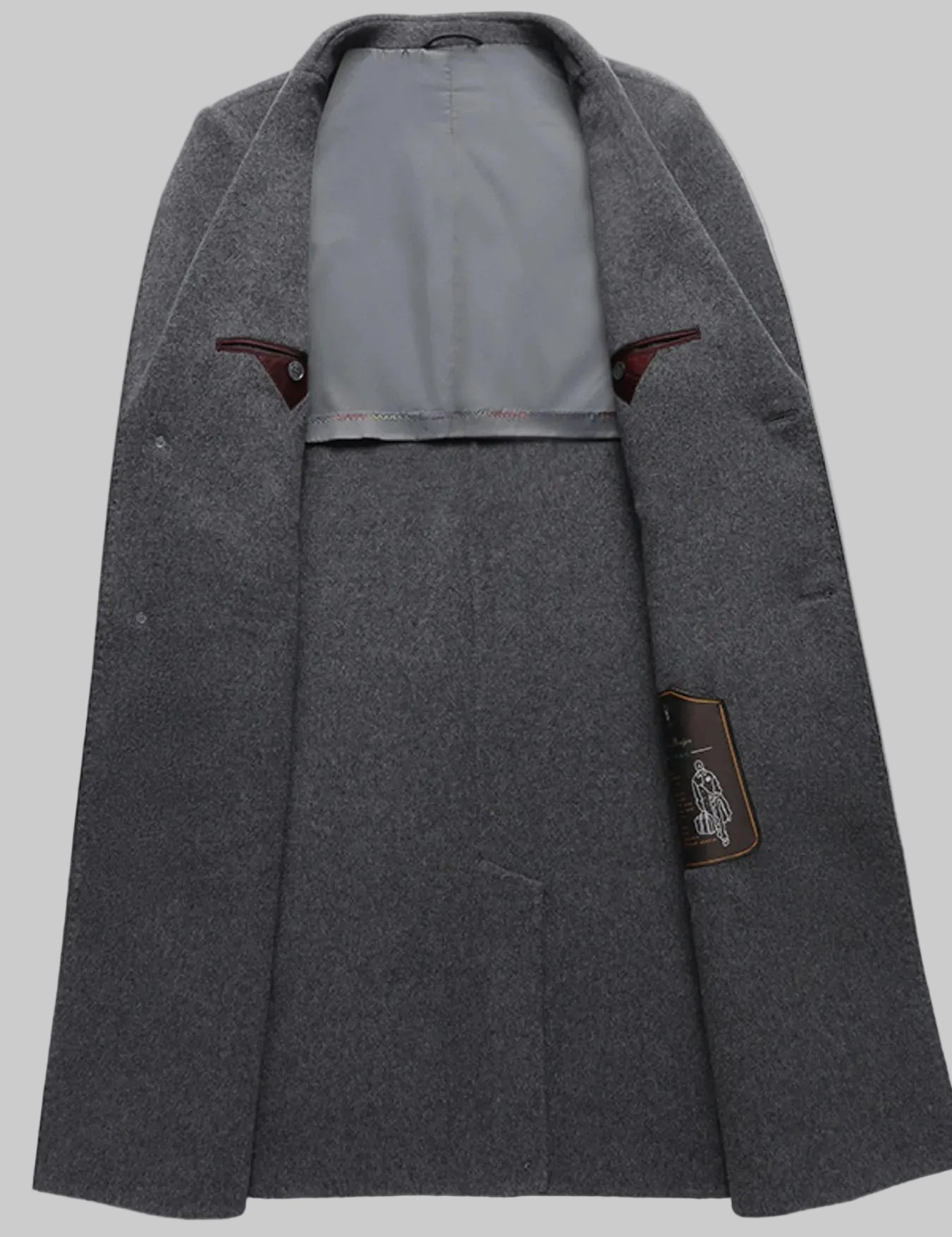 Gray coat with a visible brand label on a white background