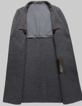 Gray coat with a visible brand label on a white background