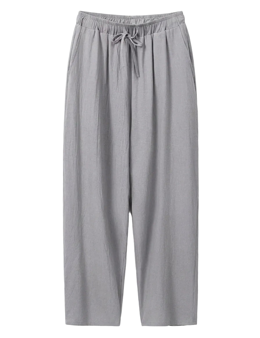 Gray drawstring relaxed-fit pants with straight legs on a white background.