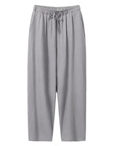 Gray drawstring relaxed-fit pants with straight legs on a white background.