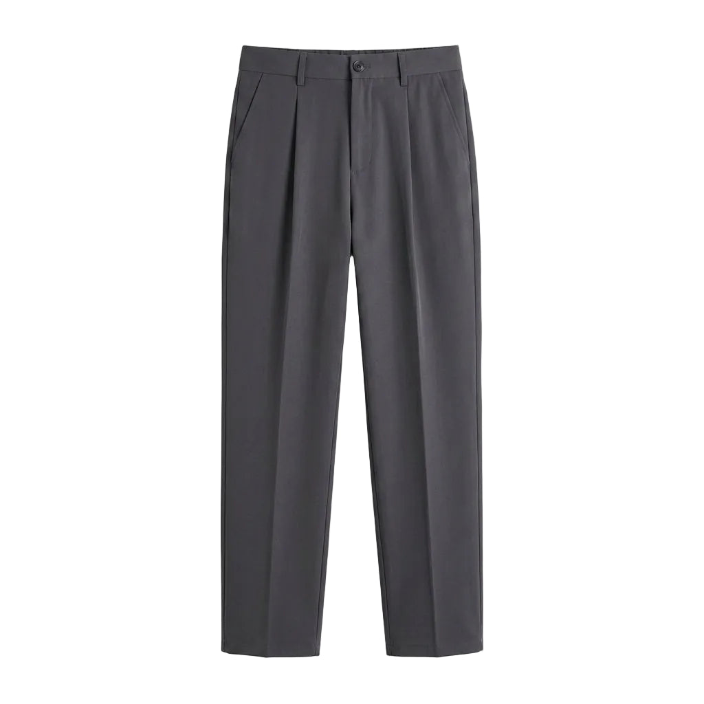 Gray men’s pleated pocketed trousers with straight tapered leg