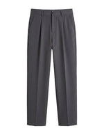Gray men’s pleated pocketed trousers with straight tapered leg
