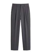 Gray men’s pleated pocketed trousers with straight tapered leg