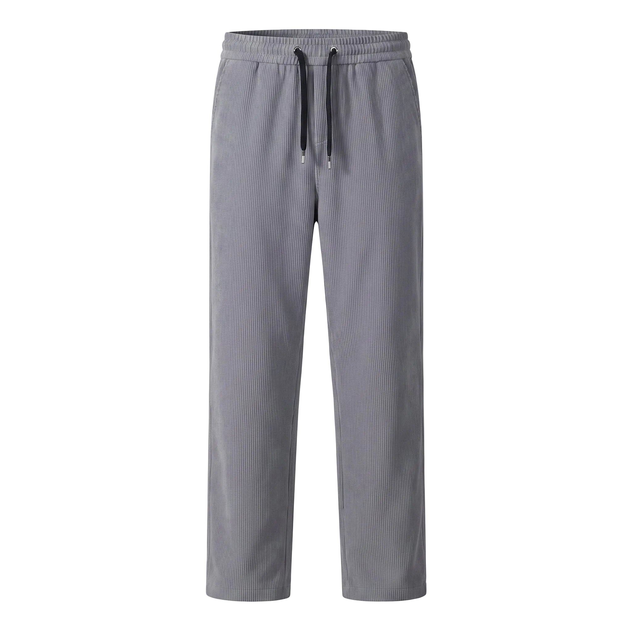 Gray men’s ribbed casual pants with black drawstring and straight-leg fit