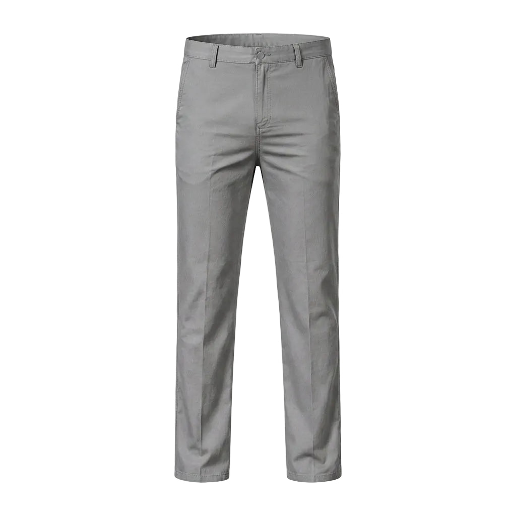 Gray men’s straight fit trousers with belt loops and side pockets