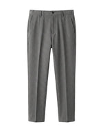 Gray men’s tailored trousers with side pockets and pressed front crease