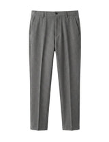 Gray men’s tailored trousers with side pockets and pressed front crease