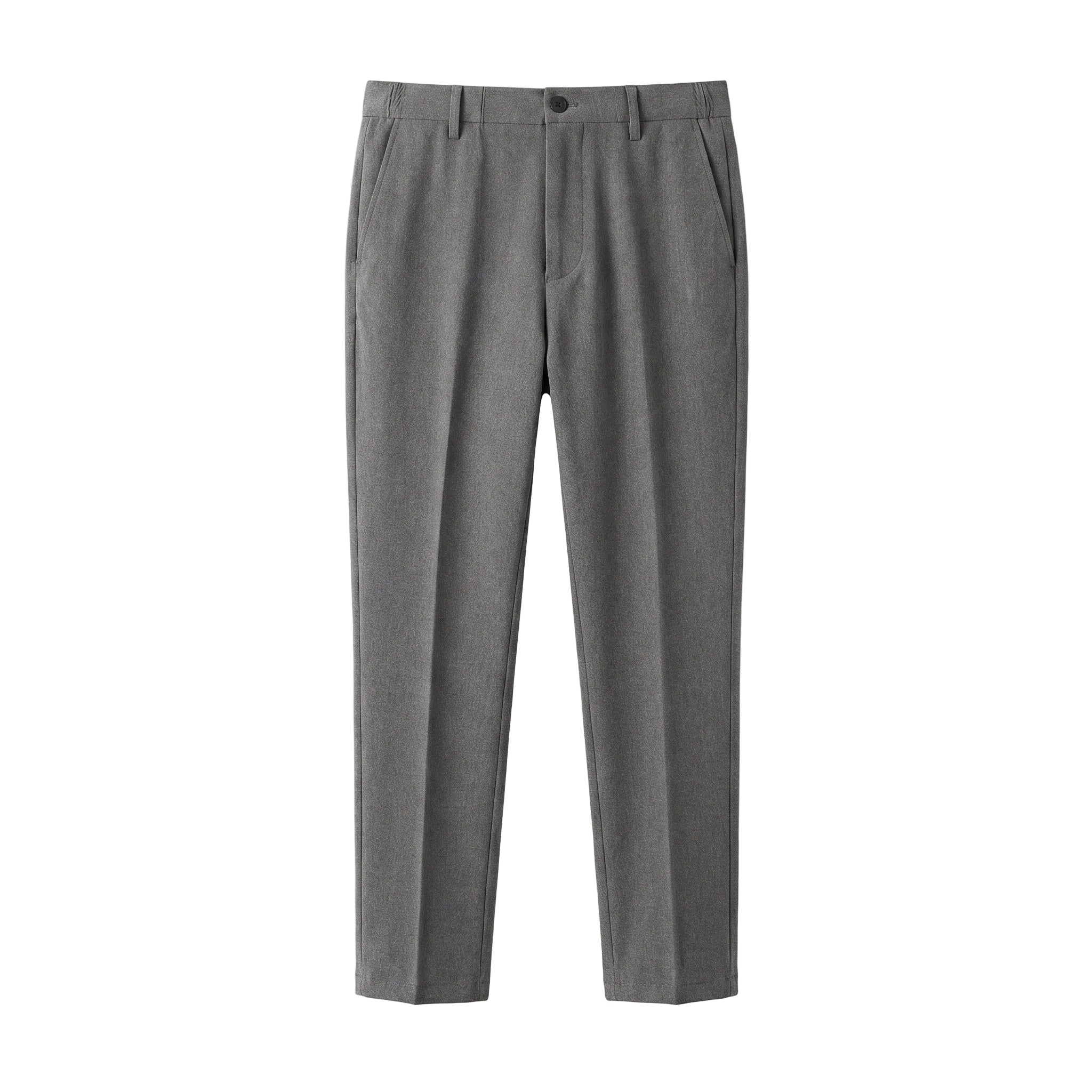 Gray men’s tailored trousers with side pockets and pressed front crease