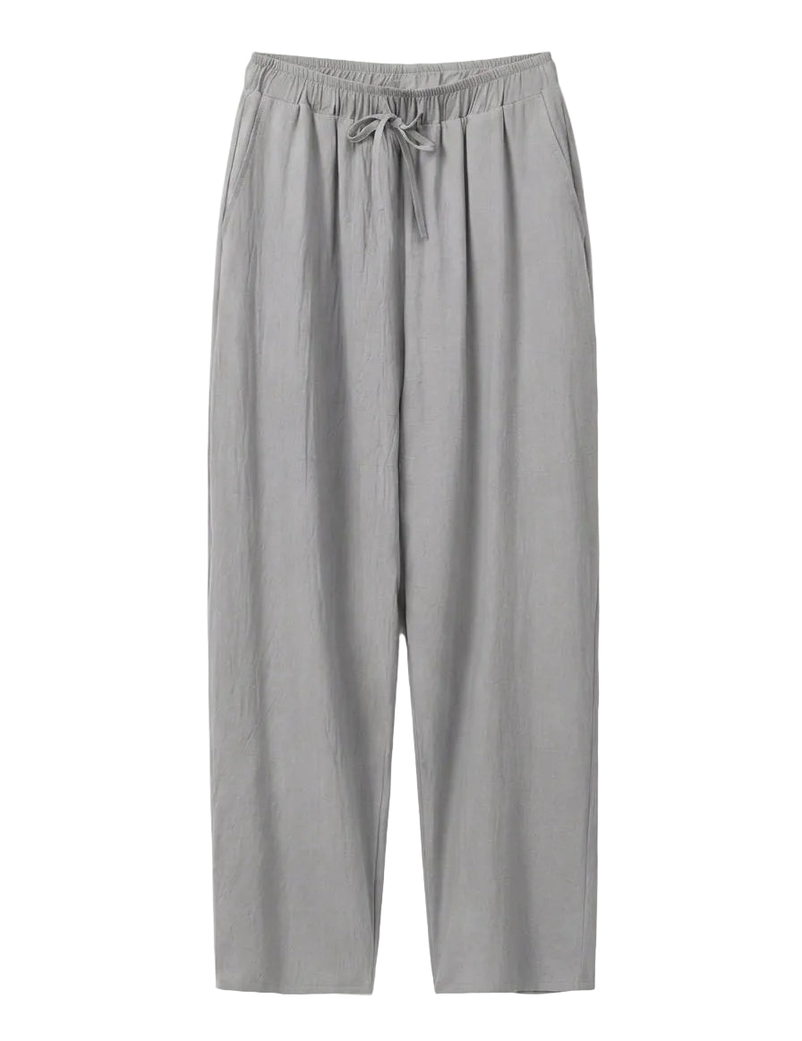 Gray pants with a drawstring on a white background