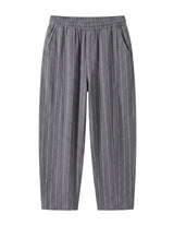 Gray pinstripe relaxed-fit pants with straight legs on a white background.