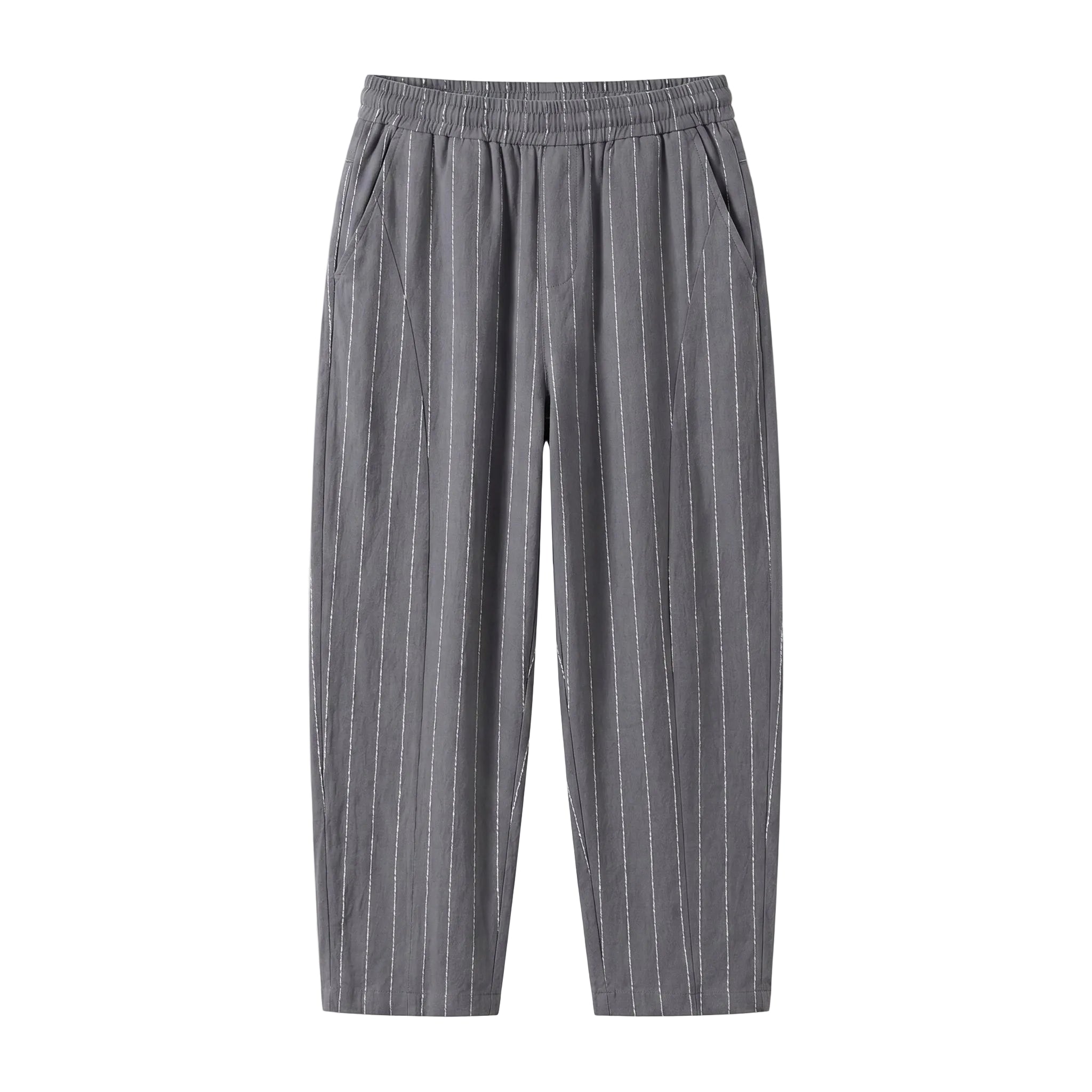 Gray pinstripe relaxed-fit pants with straight legs on a white background.