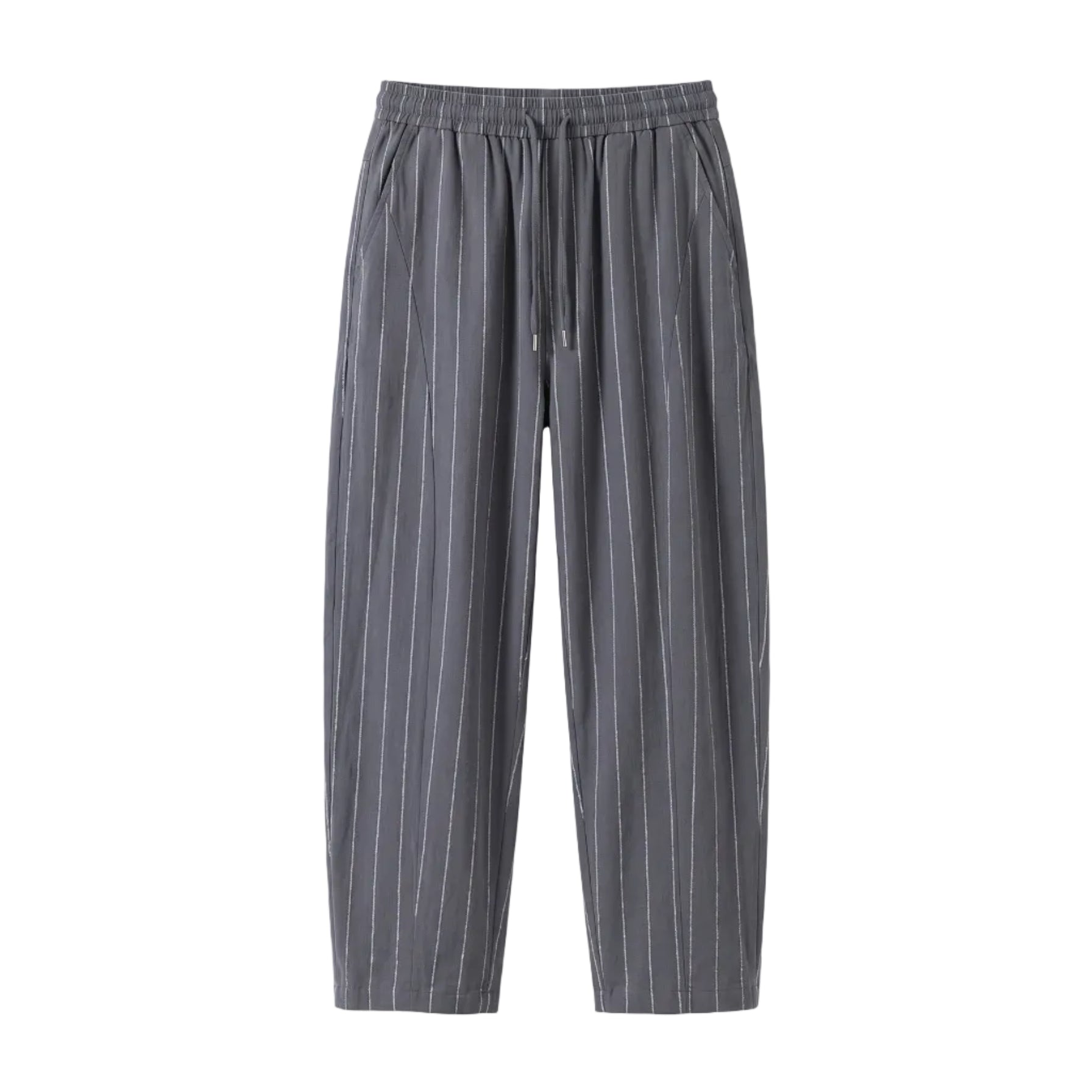 Gray pinstripe relaxed-fit pants with straight legs on a white background.