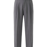 Gray pleated casual pants with tapered legs on a white background.