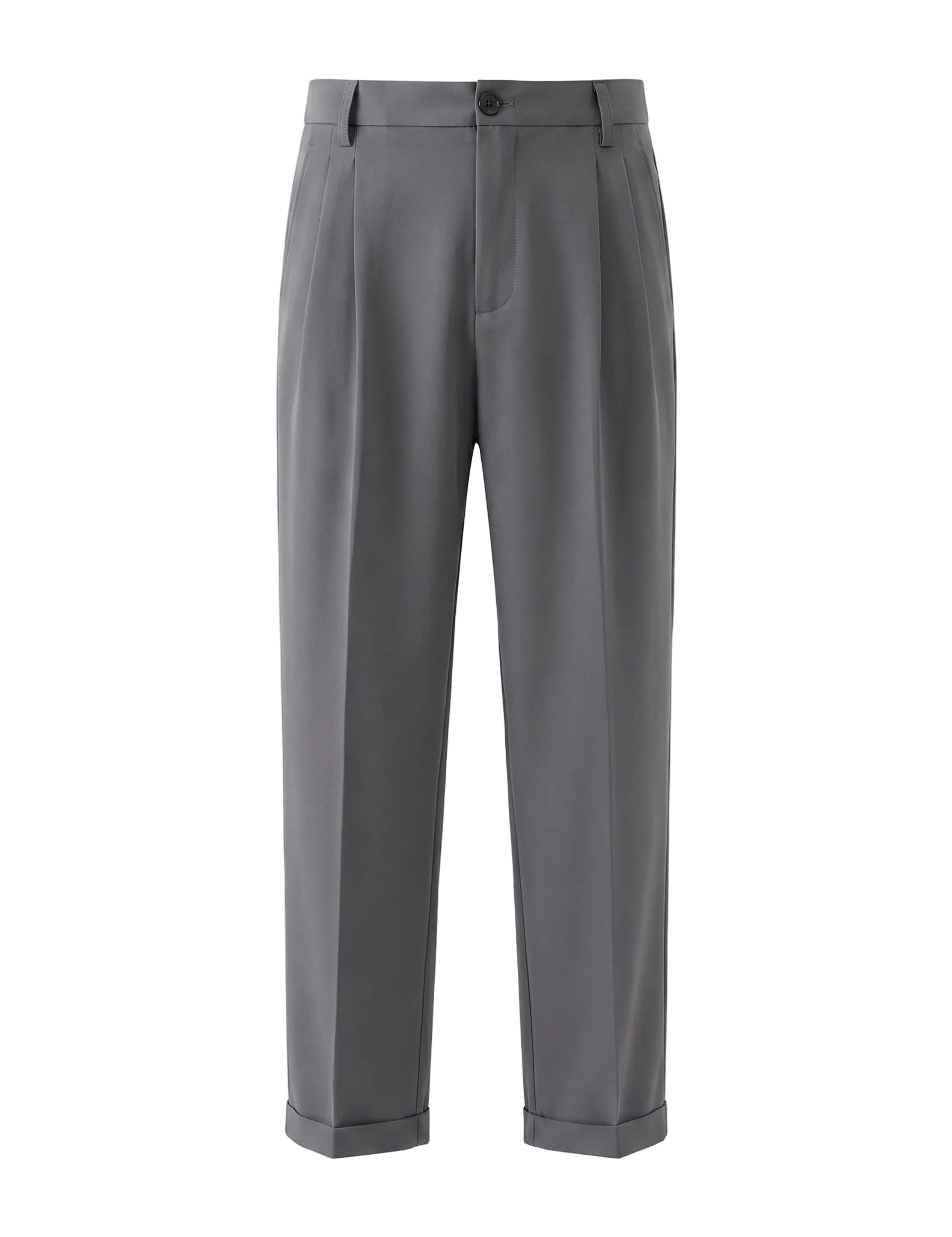 Gray pleated casual pants with tapered legs on a white background.