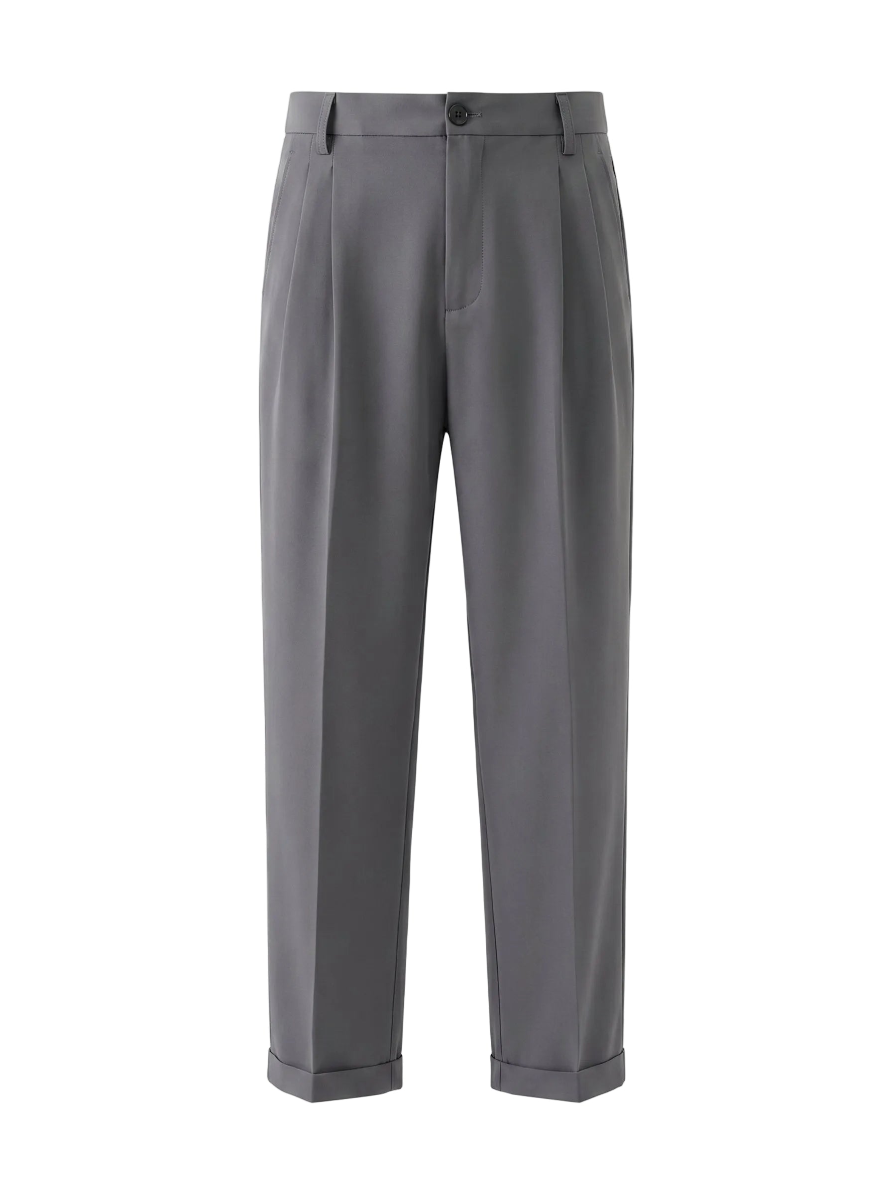 Gray pleated casual pants with tapered legs on a white background.