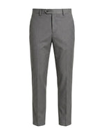 Gray pleated tailored pants with straight legs on a white background.