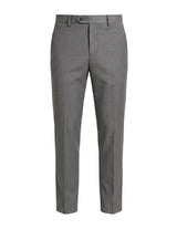 Gray pleated tailored pants with straight legs on a white background.