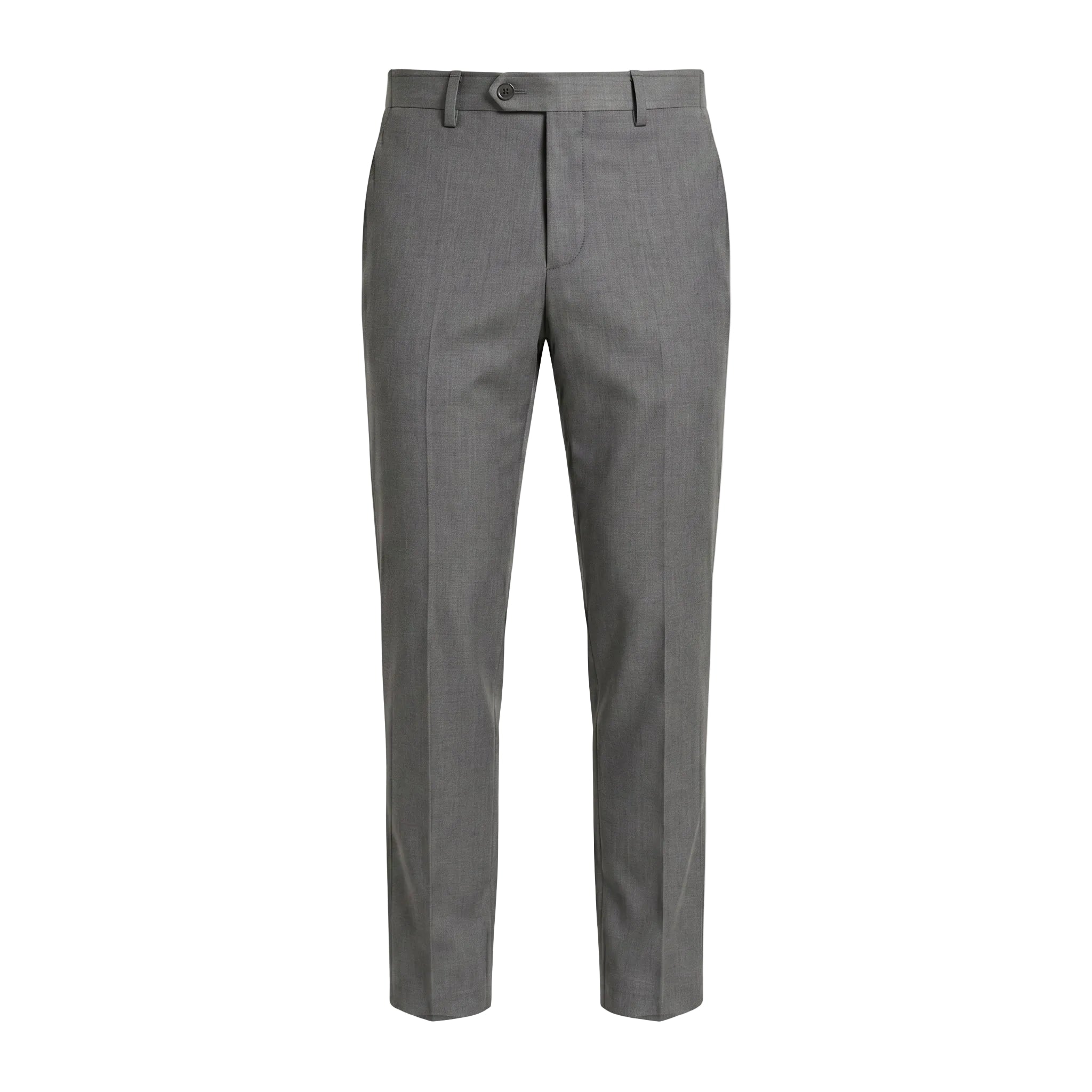 Gray pleated tailored pants with straight legs on a white background.