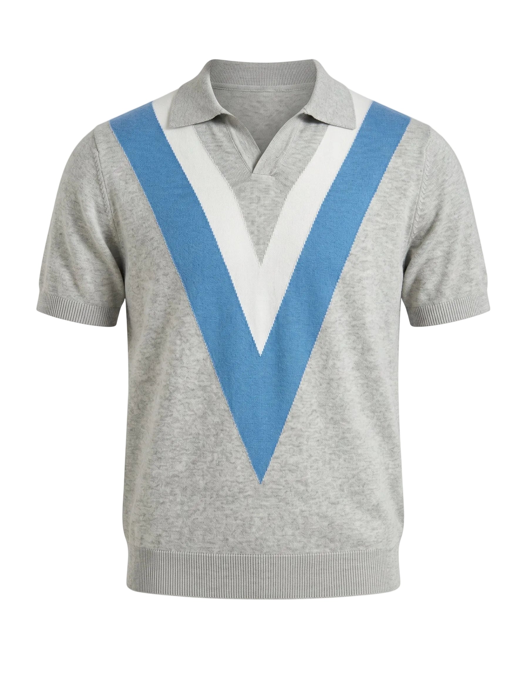 Gray sweater with blue and white V-shaped design on a light gray background