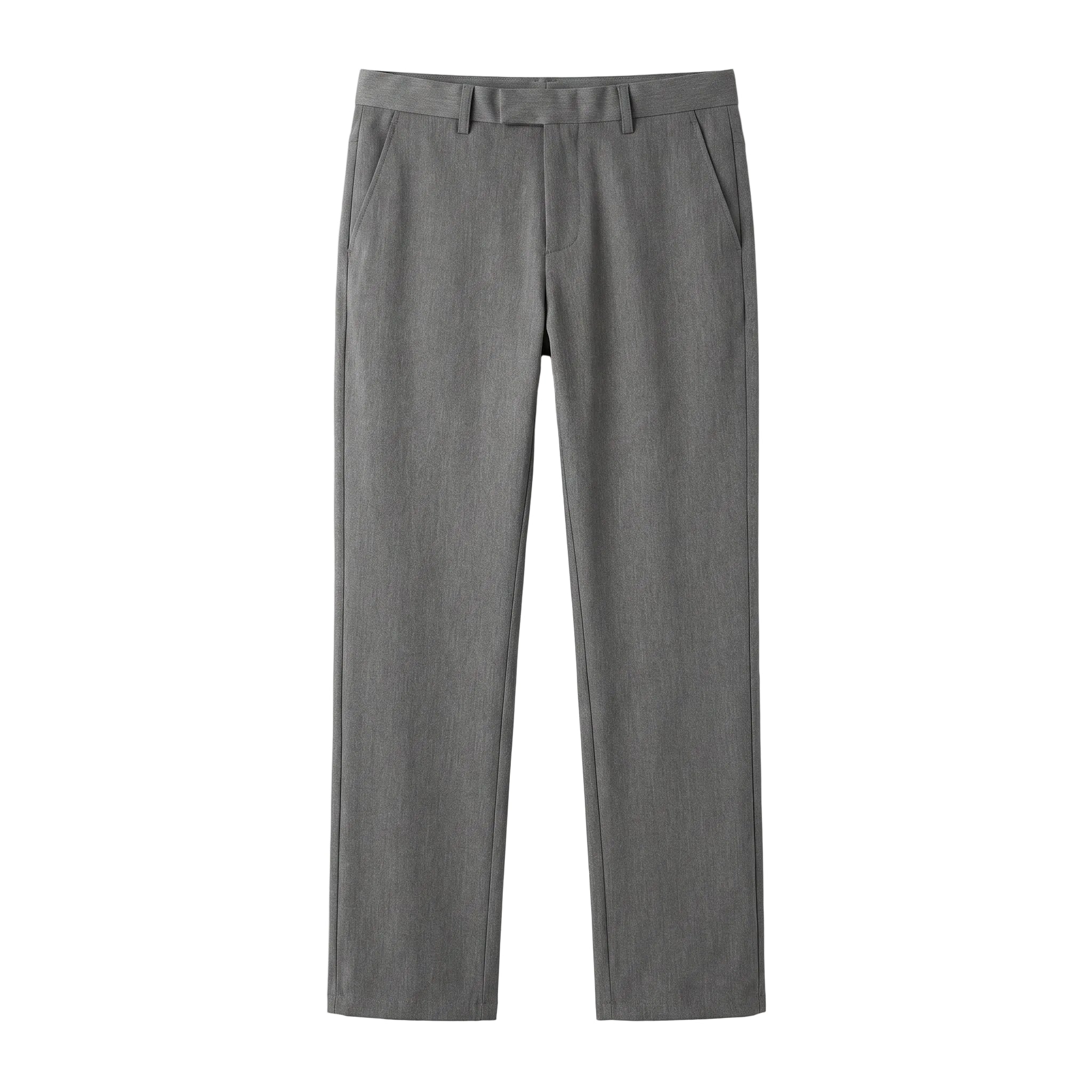 Gray tailored casual pants with straight legs on a white background.