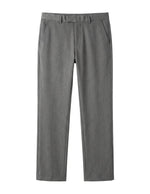 Gray tailored casual pants with straight legs on a white background.