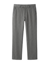 Gray tailored casual pants with straight legs on a white background.