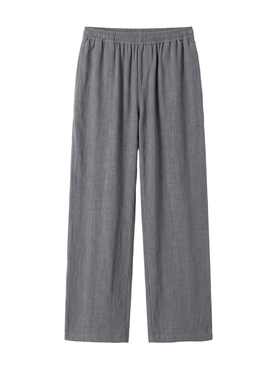 Gray textured relaxed-fit pants with straight legs on a white background.