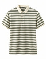 Green and white striped polo shirt on a white background