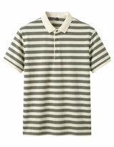 Green and white striped polo shirt on a white background