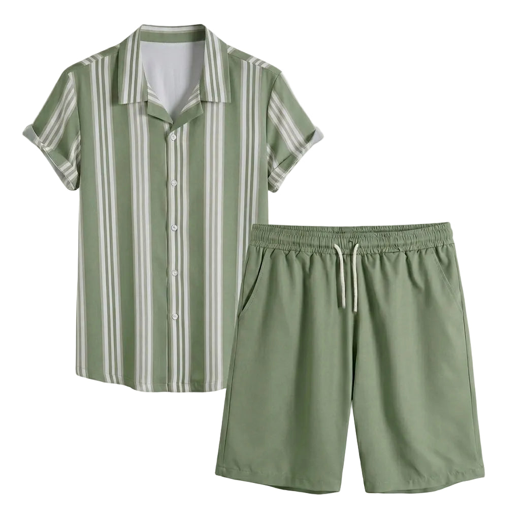 Green and white striped shirt and shorts set on a light gray background