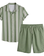 Green and white striped shirt and shorts set on a light gray background