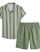 Green and white striped shirt and shorts set on a light gray background